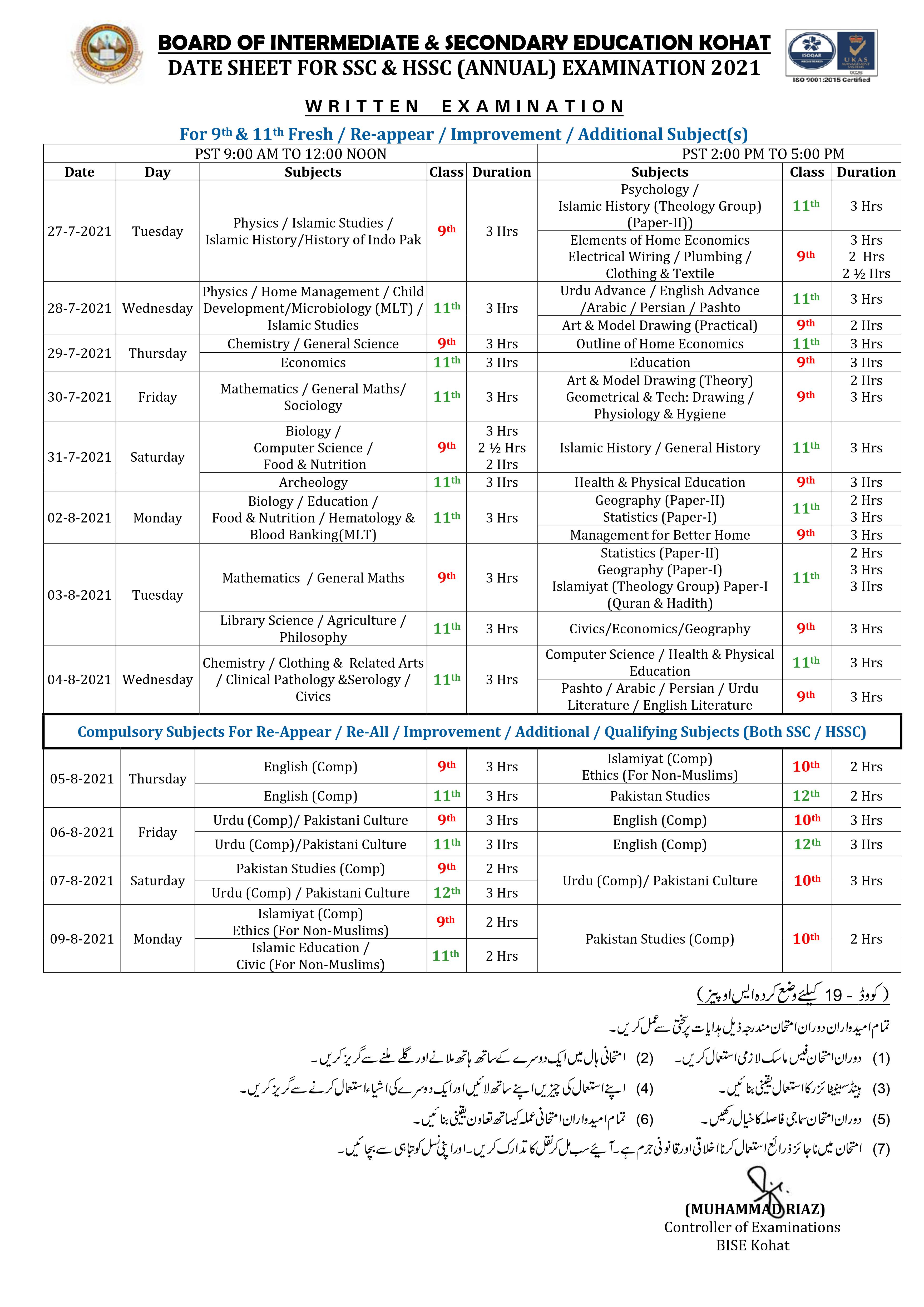 11th Class Date Sheet 2021 Kohat Board FSc ICS FA Inter